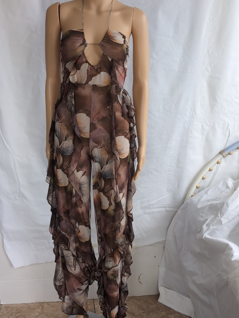 New Fashion Nova Brown Floral Ruffle Sheer Jumpsuit Size S